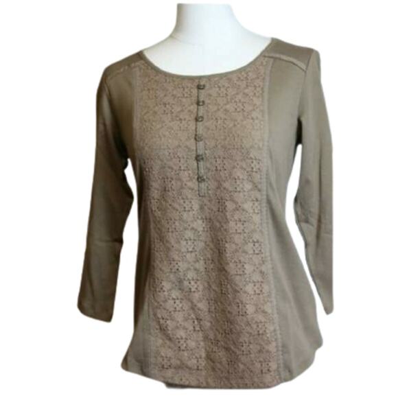 2 For $5 Sale NWT Karen Scott Brown Eyelet Lace Henley Top XS - Picture 9 of 9